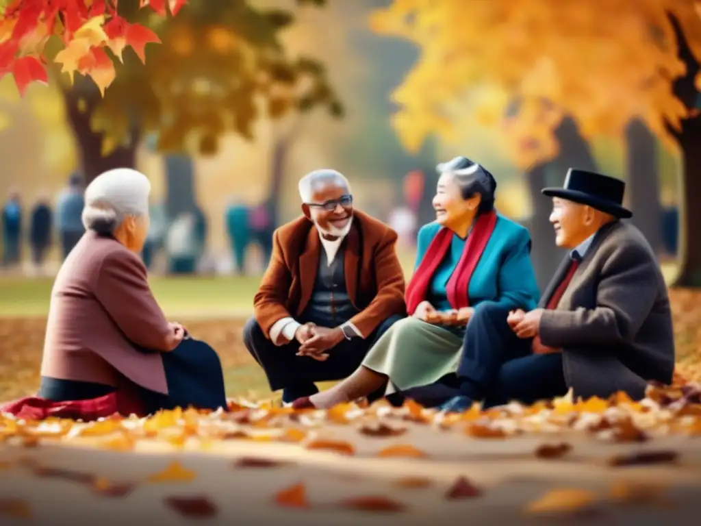 Conversación en el parque: historias de retiro Grupo de personas mayores en un parque, conversando sobre la historia de los sistemas de jubilación