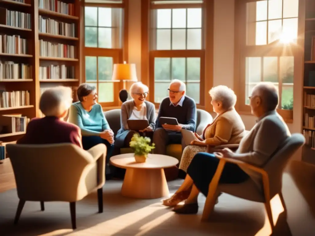Círculo de sabiduría: Retirados conectados Grupo de personas mayores compartiendo sabiduría en plataformas para jubilados