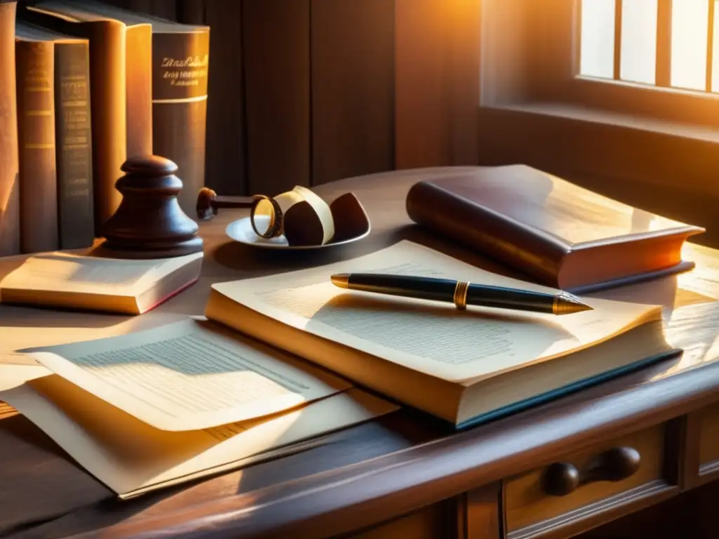 Escritorio de madera antiguo con documentos y pluma Planificación de herencias y testamentos esenciales en un despacho vintage con documentos legales y luz dorada
