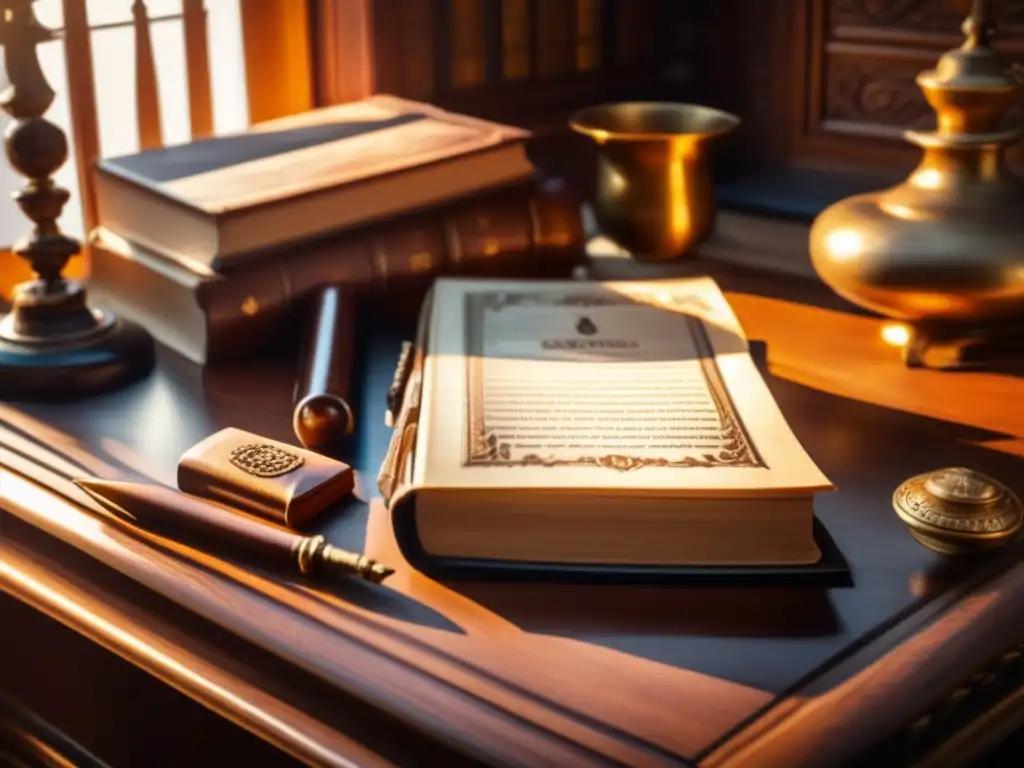 Escritorio antiguo con libro abierto y pluma Planificación de herencias y testamentos esenciales en un escritorio de madera ornamentado con tonos sepia