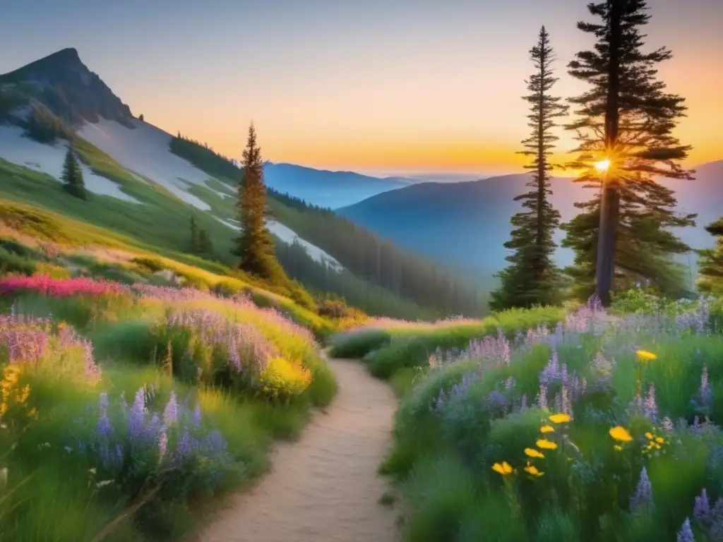 Senderismo entre montañas al amanecer Un hermoso amanecer en la montaña, con un sendero rodeado de árboles altos y flores silvestres