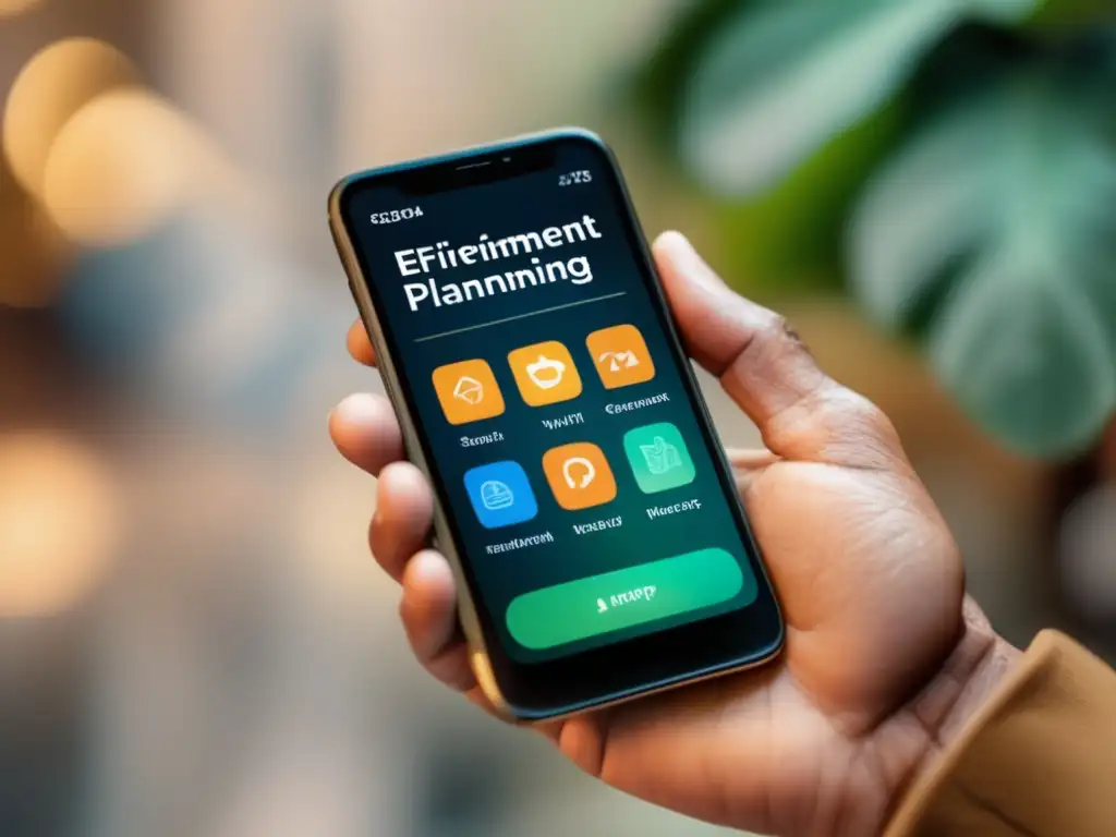 Sabio plan financiero en smartphone Herramientas digitales para planificación de jubilación: imagen 8k detallada con estilo sepia, mano arrugada sosteniendo smartphone