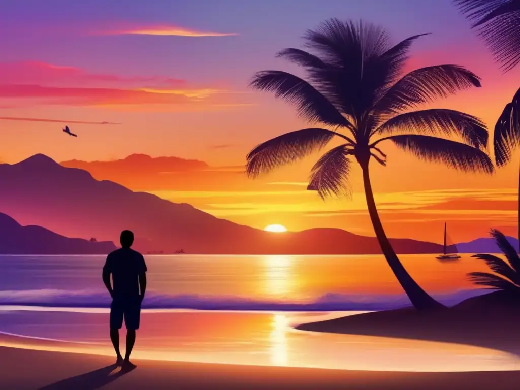 Puesta de sol sobre playa paradisíaca Imagen de atardecer en la playa con palmeras - Vuelos baratos para jubilados