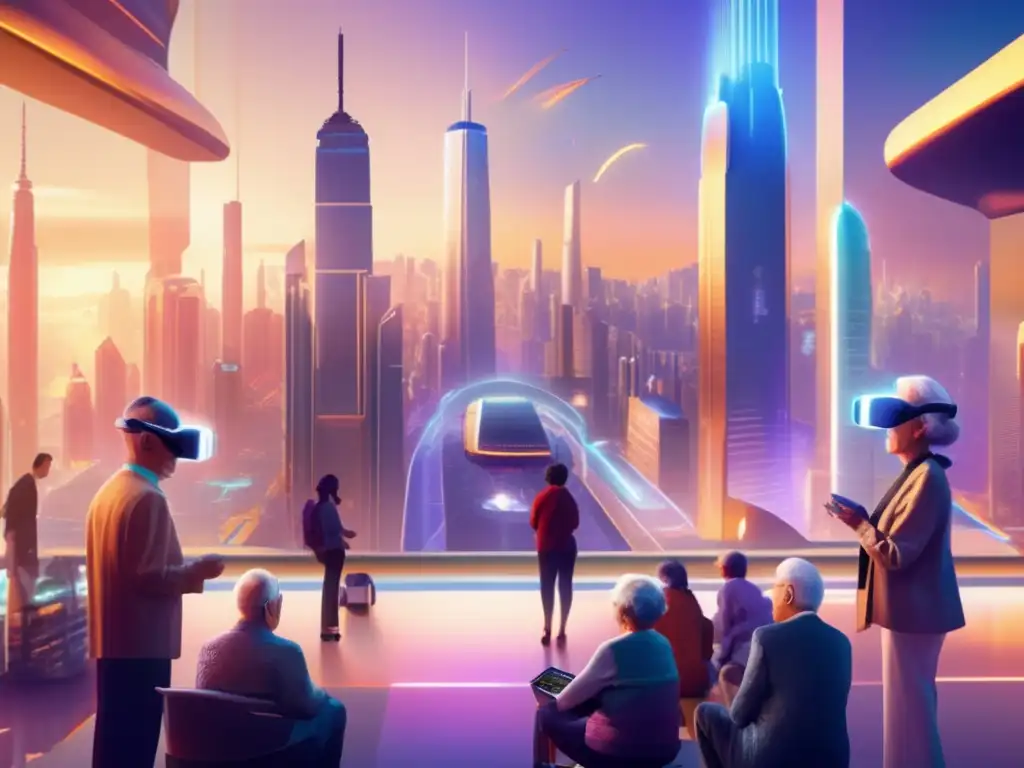 Imagen de ciudad futurista con jubilados en actividades tecnológicas - Modalidades de jubilación en la era digital