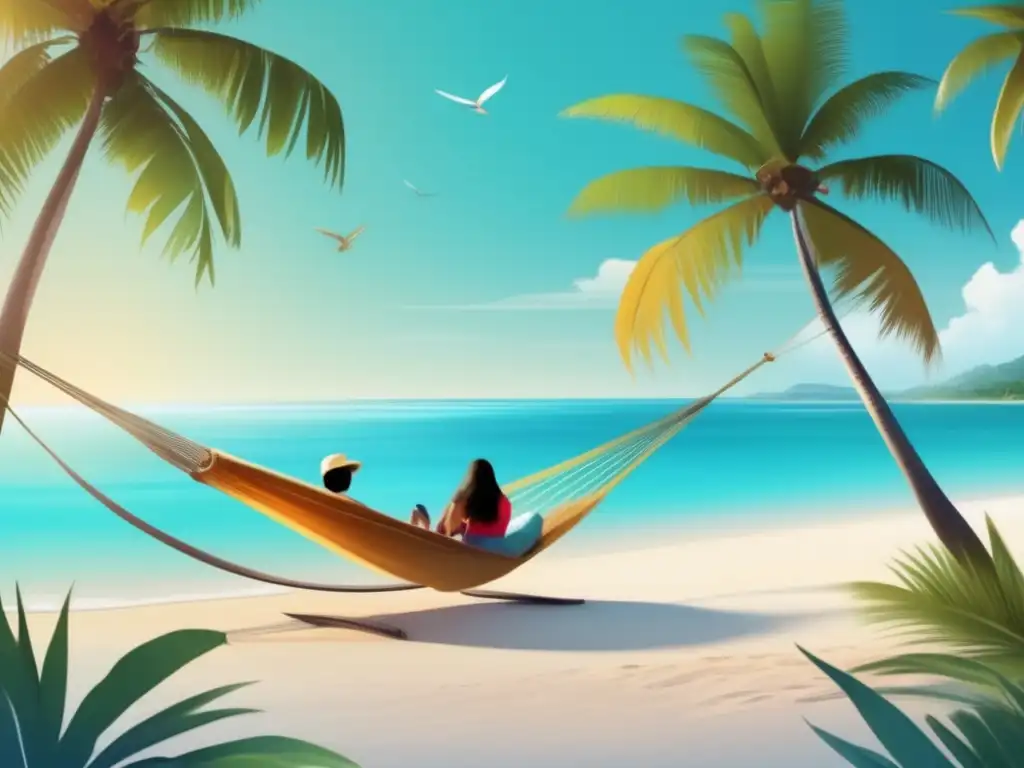 Retiro sereno en la playa Imagen de una idílica escena de jubilación con playa y palmeras (Herramientas digitales para planificación de jubilación segura