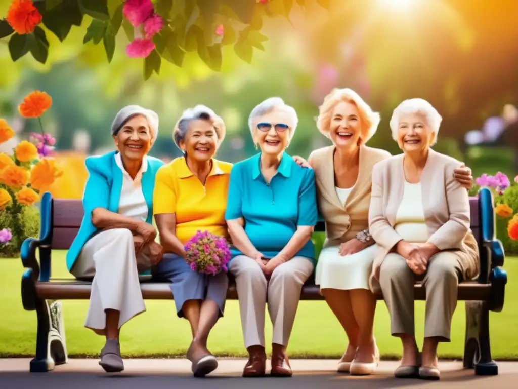 Grupo feliz de ancianos en un banco de parque Imagen de jubilados felices en un banco del parque rodeado de naturaleza, resaltando los beneficios del humor en la jubilación