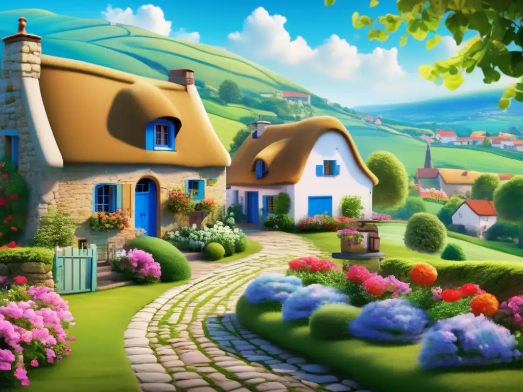 Paisaje sereno europeo con colinas verdes y encantadoras casitas Imagen de paisaje europeo sereno con colinas verdes, casas encantadoras y jardines floridos