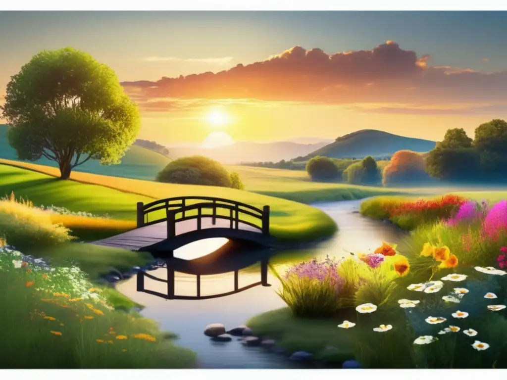 Paisaje campestre sereno con río y puente de madera Imagen: Paisaje rural con río, puente de madera y flores silvestres