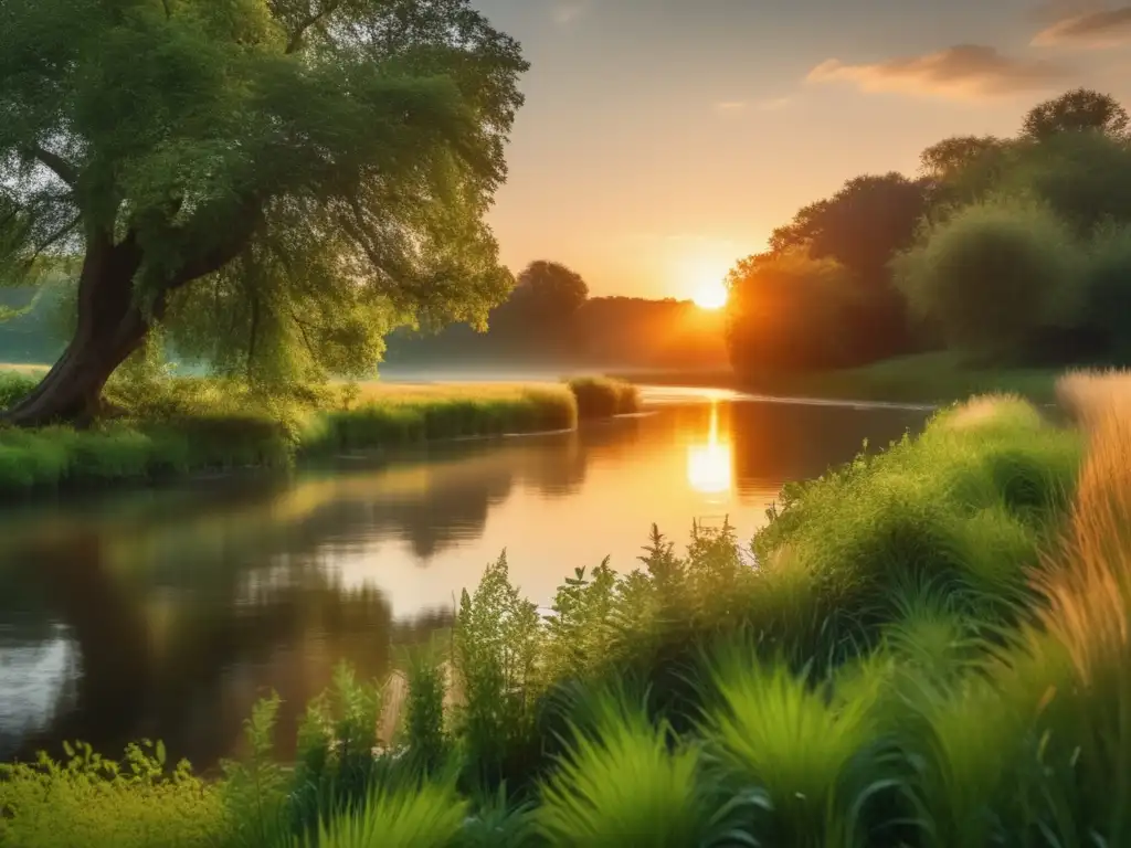 Paisaje sereno al atardecer Imagen de paisaje sereno al atardecer con práctica de mindfulness: Planificación de jubilación y mindfulness emocional