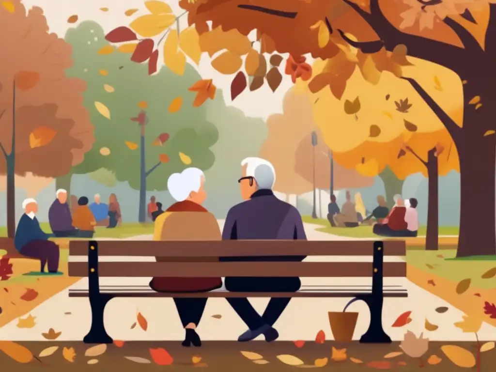 Pareja mayor en parque otoñal con apoyo social Imagen de una pareja de ancianos en un banco del parque, rodeados de hojas de otoño