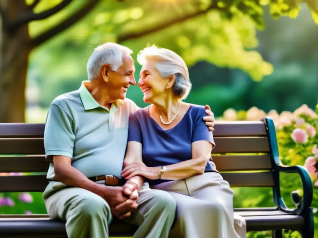 Pareja mayor feliz en parque con árboles y flores Imagen de una pareja de ancianos en un banco del parque, rodeados de árboles verdes y flores