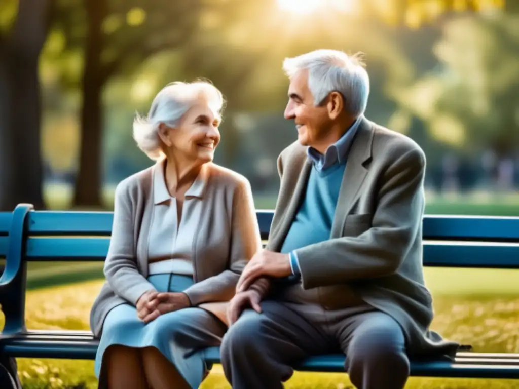 Pareja de ancianos disfrutando del otoño en el parque Imagen de pareja de ancianos en un banco del parque, en tono sepia, bajo suave luz matutina