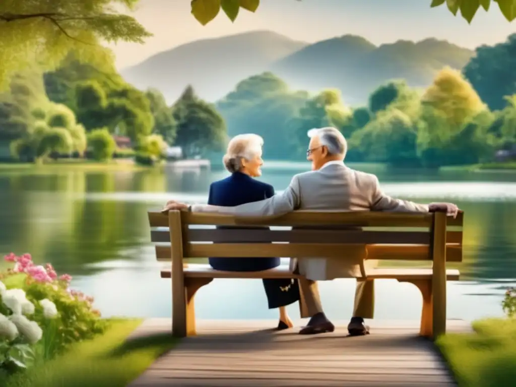 Retiro idílico: pareja feliz en paisaje sereno Imagen: Pareja en banco junto a lago en comunidad de retiro con jardines, transmitiendo tranquilidad y felicidad