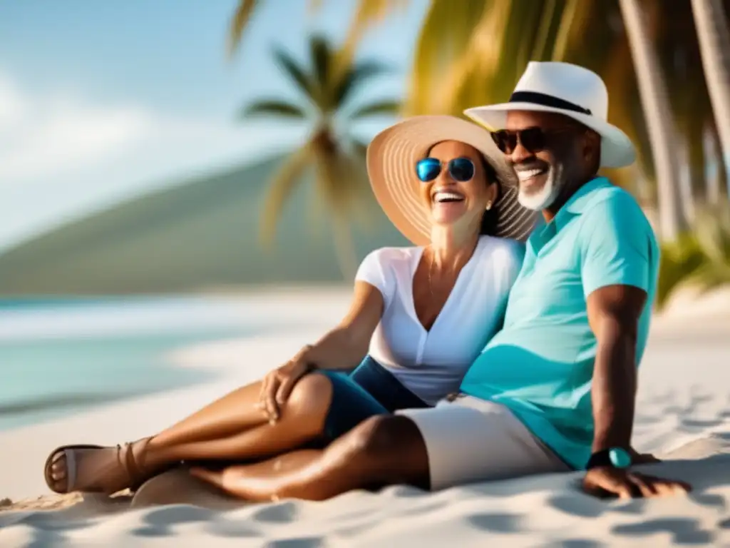 Pareja disfrutando de la playa Imagen de pareja madura en playa con aguas turquesas, vistiendo ropa casual, sombreros y gafas de sol