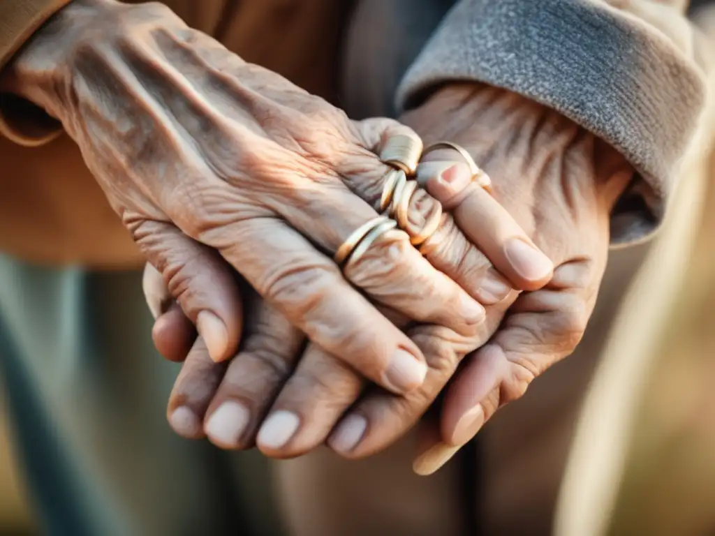 Uniendo manos: Red de apoyo y protección Imagen de pareja de ancianos unidos por la mano, rodeados de comunidad diversa
