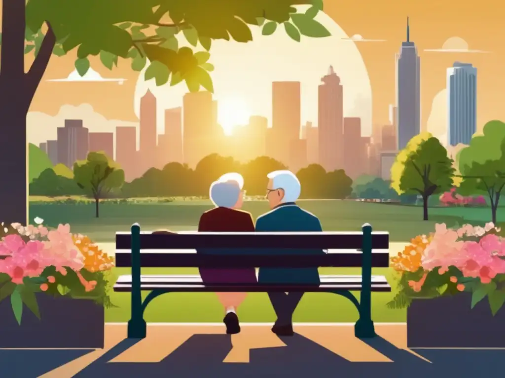 Pareja feliz en el parque, planeando jubilación 2050 Imagen de pareja mayor en un banco del parque, felices y tomados de la mano