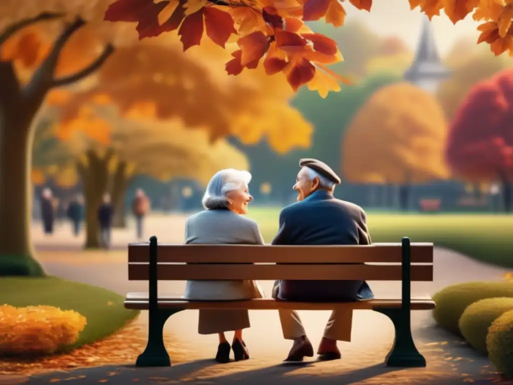 Pareja feliz disfrutando del parque de otoño Imagen: Pareja mayor feliz en parque otoñal rodeados de naturaleza y ejercicio