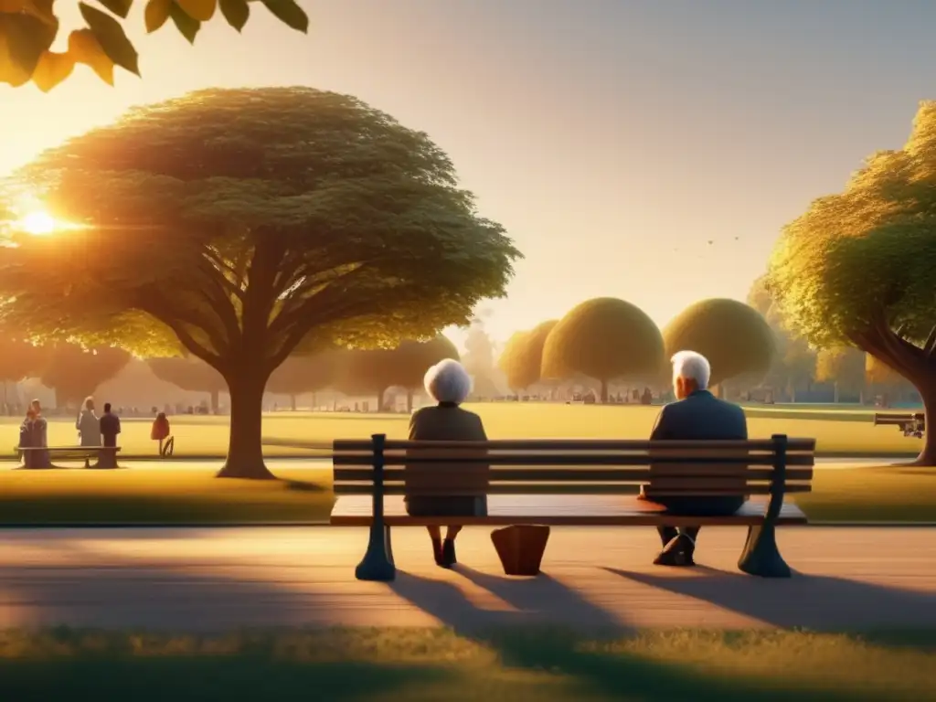 Pareja de ancianos disfrutando del parque Imagen: Pareja mayor sonriente en un parque otoñal con lago al atardecer