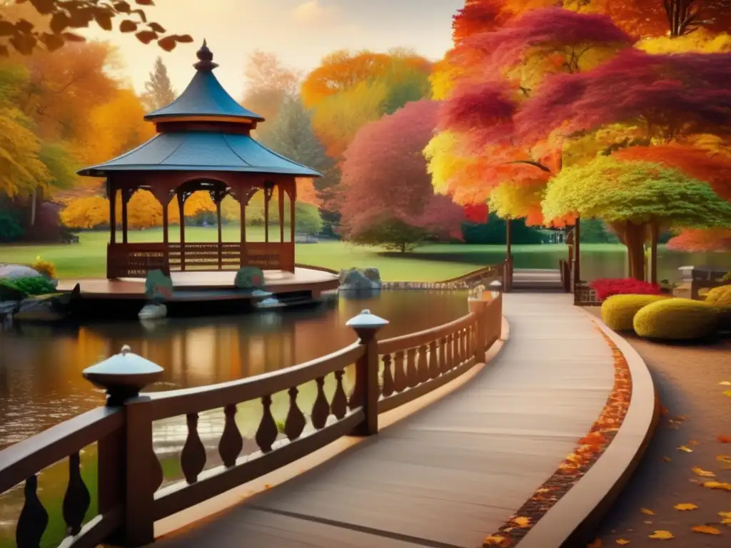 Parque sereno con camino y gazebo Imagen de parque sereno con camino, gazebo y río