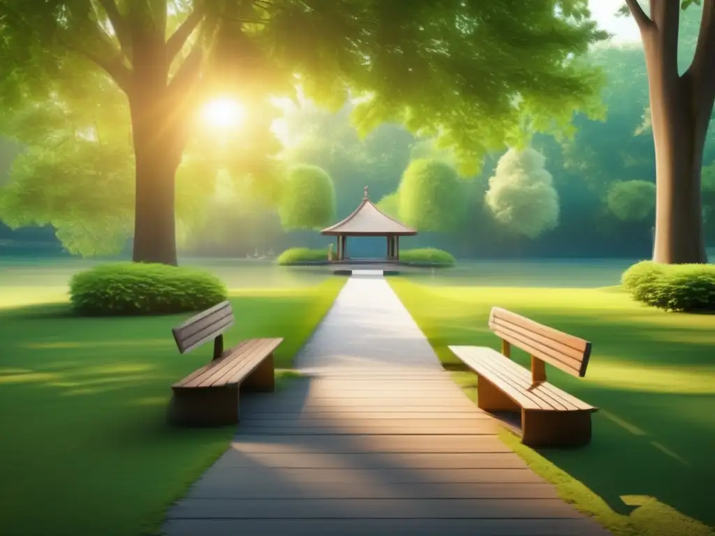 Parque sereno y tranquilo, ideal para planificar la jubilación Imagen de parque sereno y tranquilo con sendero rodeado de vegetación y árboles majestuosos
