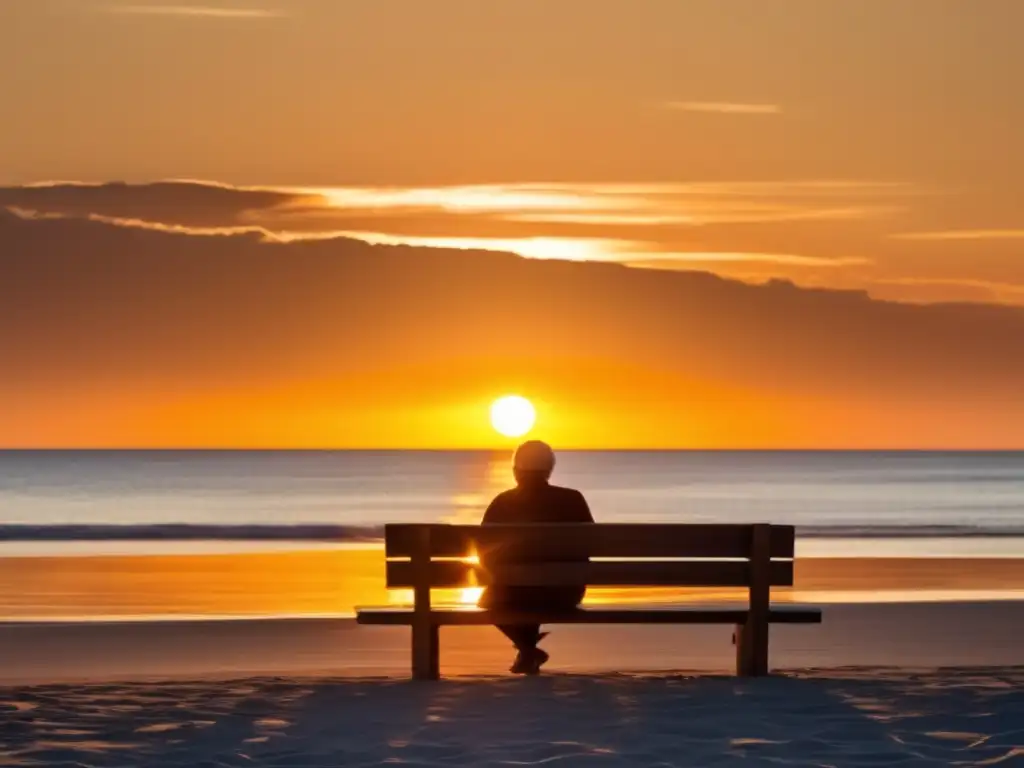 Playa al atardecer: paz y reflexión Imagen de playa al atardecer con una persona en un banco reflexionando sobre inversiones para la jubilación