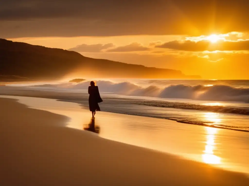 Playa tranquila al atardecer Imagen de playa al atardecer con rayos dorados, filtrada en sepia, que transmite tranquilidad y esperanza hacia una jubilación sin tabaco