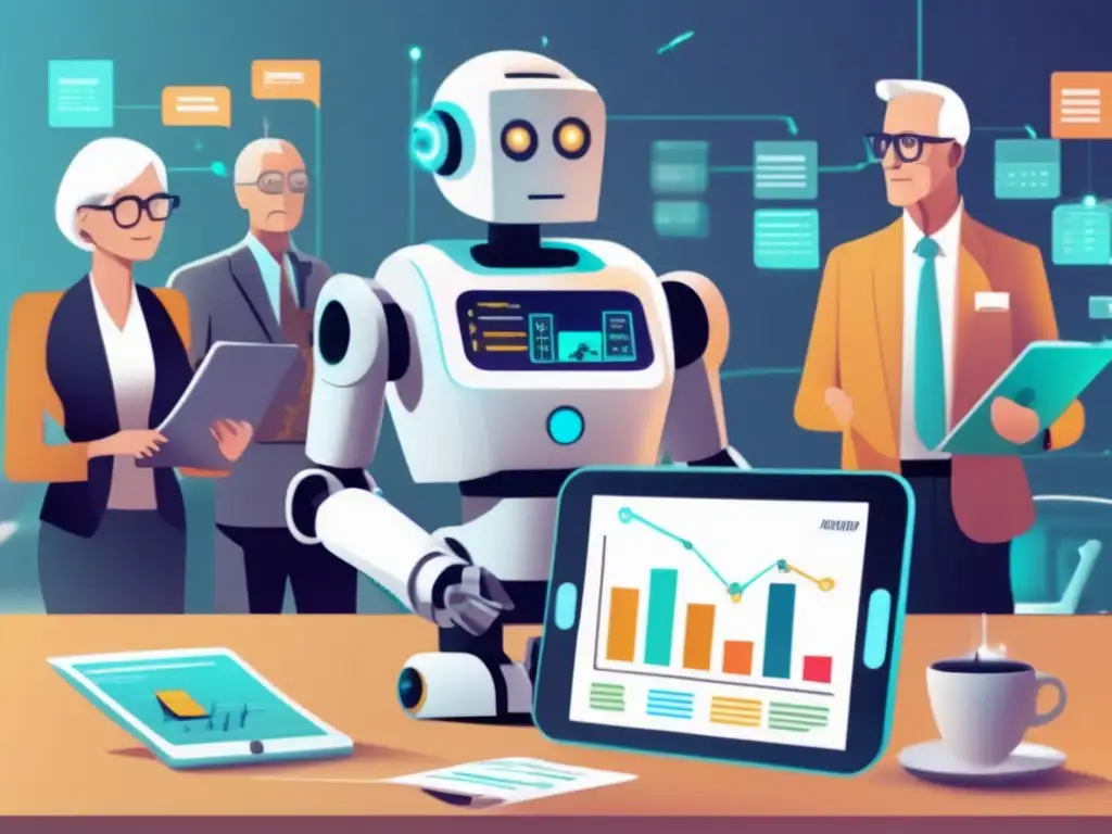 Futuro de la jubilación con robots y personas mayores Imagen de planificación de jubilación con robots en entorno futurista