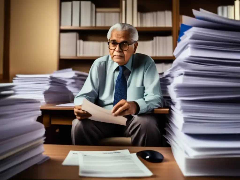 Cálculo de Pensión: Sabiduría y Profesionalismo Imagen: Fórmula secreta cálculo pensión: Persona mayor en escritorio, rodeada de papeles y calculadora, símbolo de profesionalismo y sabiduría