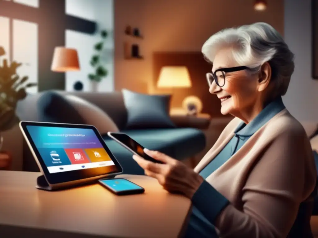 Tecnología de teleasistencia para personas mayores Imagen de teleasistencia para personas mayores en una acogedora sala con dispositivos tecnológicos avanzados