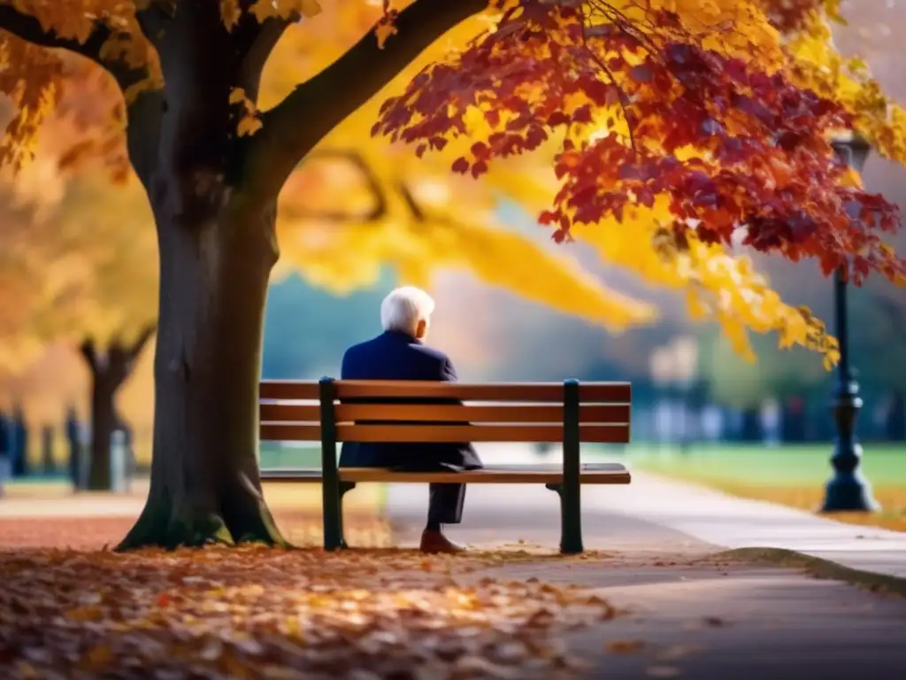 Reflexión otoñal en el retiro Impacto emocional retiro laboral: Persona solitaria en un banco rodeada de hojas otoñales, reflexionando sobre el pasado y el futuro