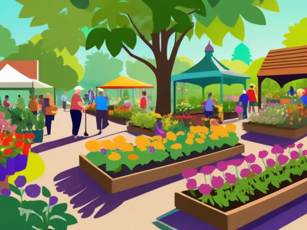 Jardín comunitario vibrante en pleno florecimiento Importancia de la colaboración comunitaria en la longevidad: Jardín comunitario vibrante con flores coloridas, plantas verdes y árboles altos que brindan sombra