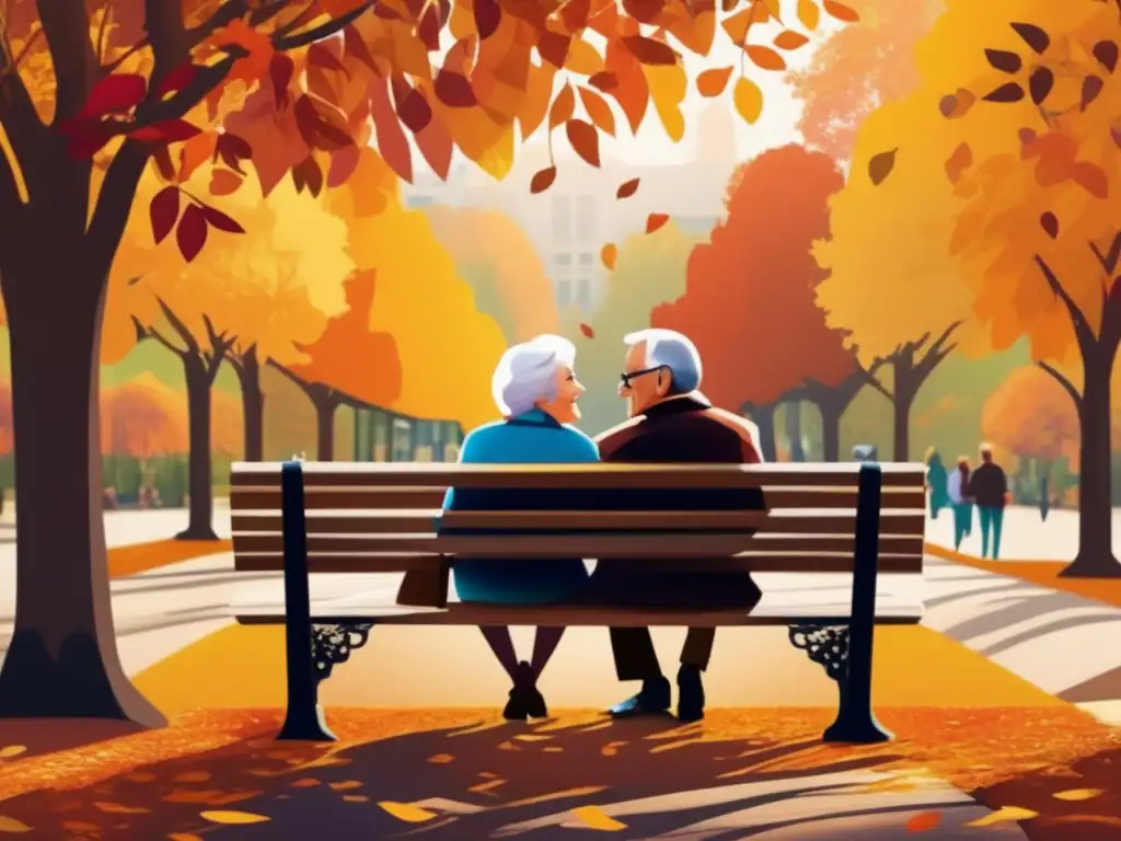 Pareja feliz en parque otoñal Importancia salud calidad de vida jubilación: pareja de ancianos felices en el parque rodeados de naturaleza otoñal