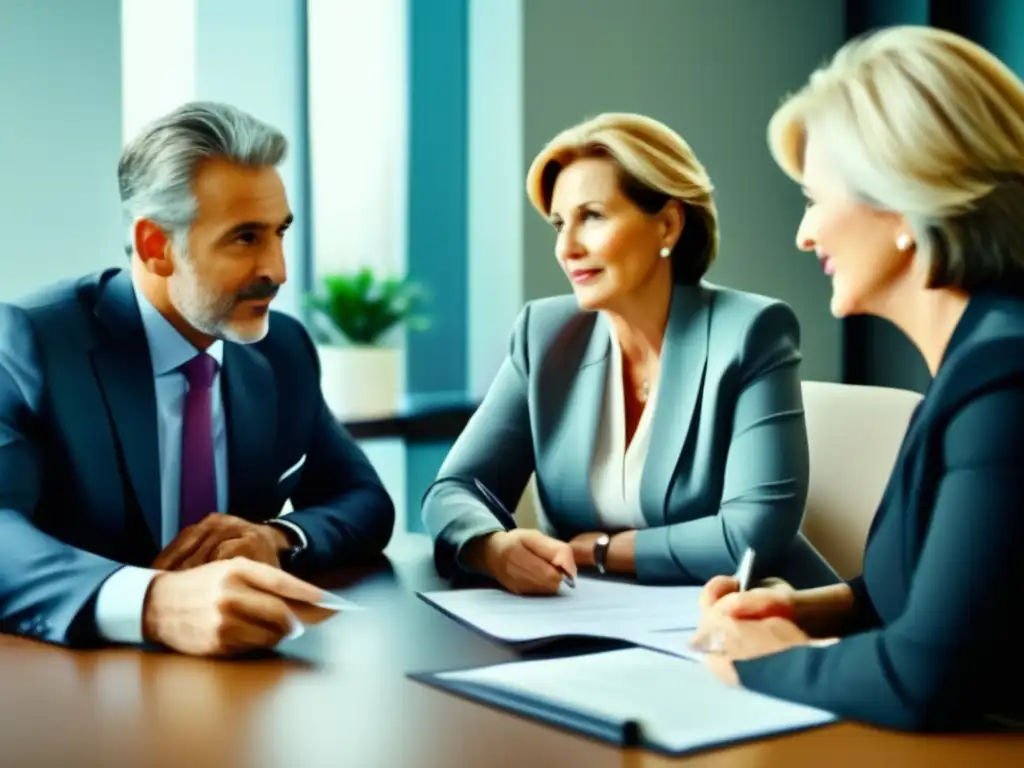 Pareja y asesor financiero en conversación Planificación de jubilación integral con asesor financiero y pareja madura en conversación