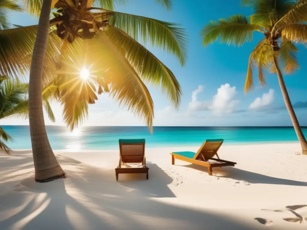 Playa caribeña: sombra, arena blanca y aguas turquesas Jubilación en el Caribe: Islas más atractivas - Playa caribeña serena con sombras de palmeras, aguas turquesas y ambiente relajante