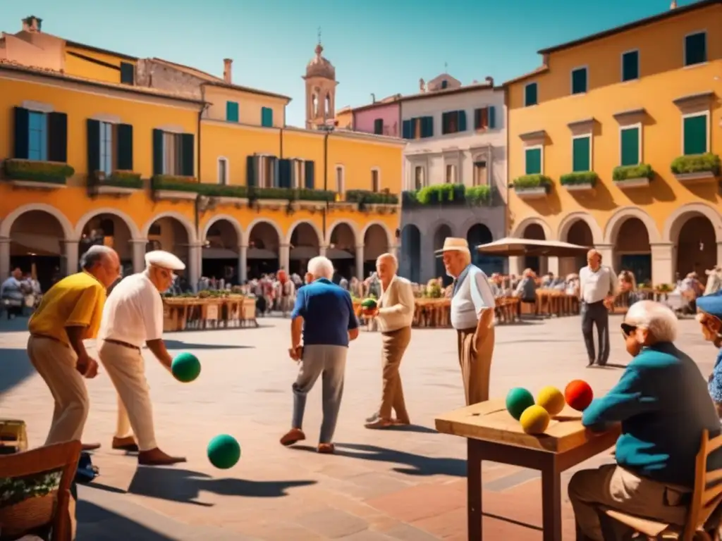 Pintoresca piazza italiana en un día soleado Piazza italiana pintoresca con actividad vibrante y juego de bocce entre hombres italianos mayores