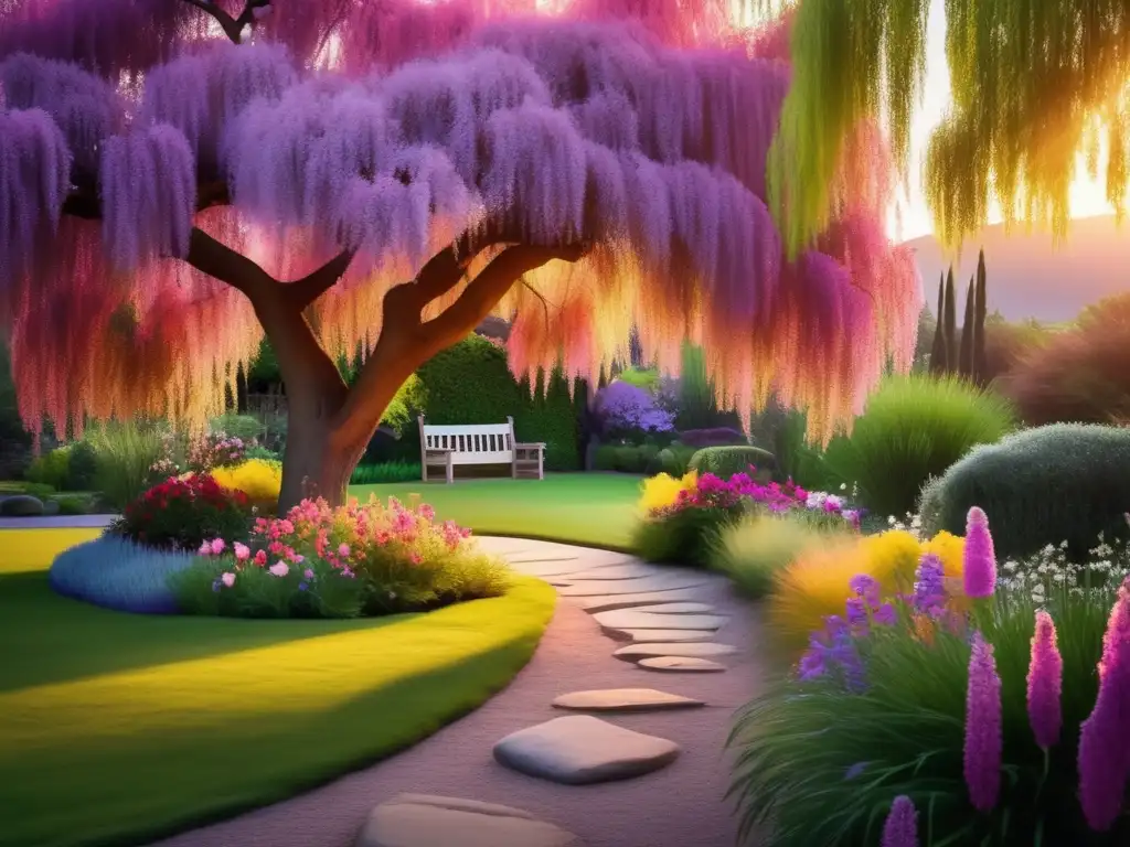 Jardín sereno al atardecer con flores coloridas Un jardín sereno y tranquilo al atardecer, con flores vibrantes y un camino que lleva a un banco bajo un árbol de sauce