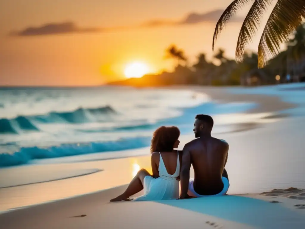 Pareja disfrutando de la playa al atardecer Joven pareja en playa al atardecer, modalidades de retiro y viaje