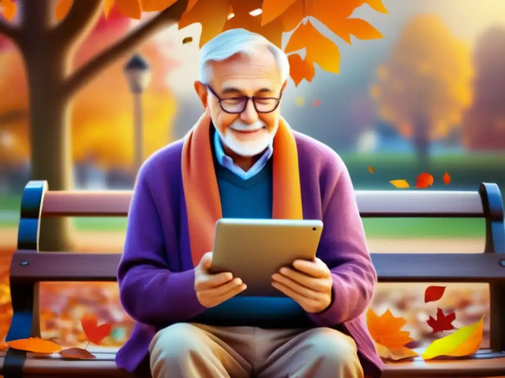 Hombre mayor disfrutando la tecnología en el parque Jubilado disfruta tecnología para encontrar hobbies