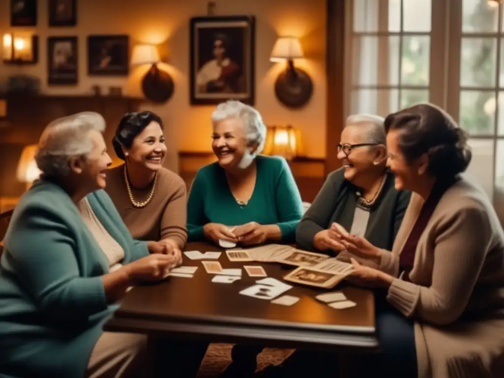 Jubilados disfrutando de la camaradería en una acogedora sala de estar Jubilados en un acogedor salón con fotografías antiguas, muebles vintage y una cálida iluminación