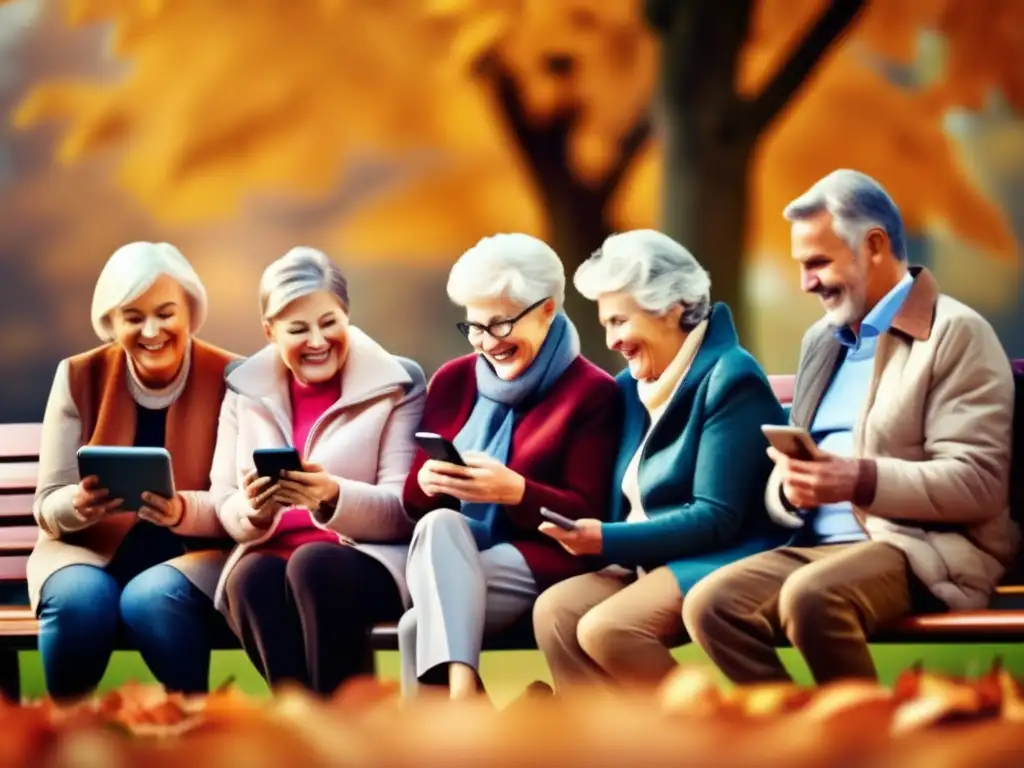 Jubilantes seniors disfrutando social media en el parque Jubilados activos disfrutando de beneficios de redes sociales en parque otoñal con vibrante follaje