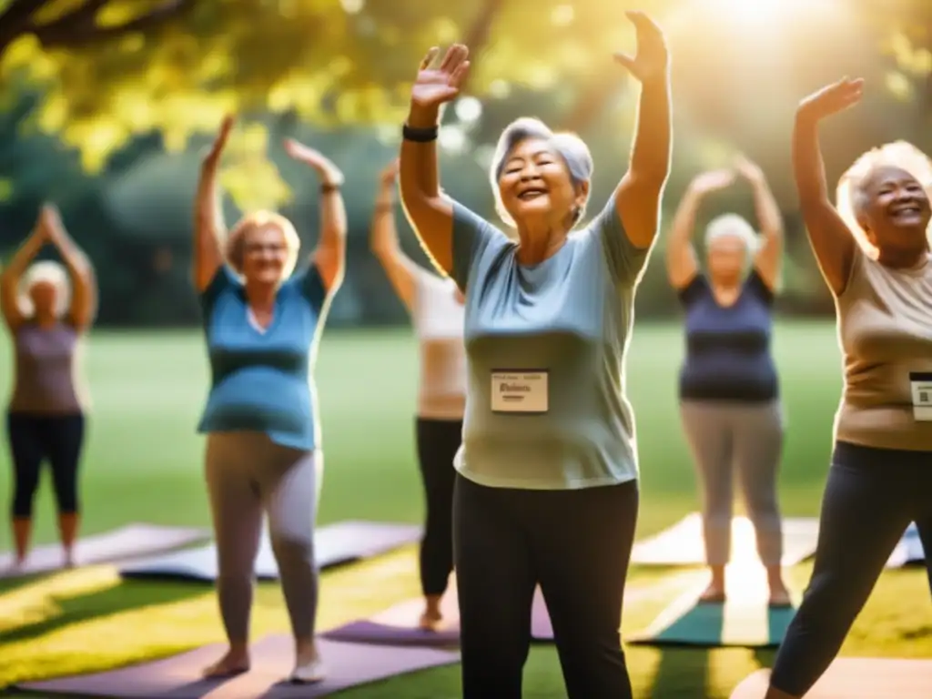 Jubilados disfrutando de una clase de estiramientos en el parque Jubilados en clase de estiramiento: importancia de la flexibilidad