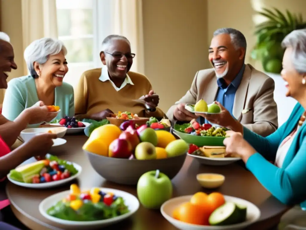 Jubilados disfrutando de una comida saludable y alegre - Consejos de alimentación saludable para jubilados