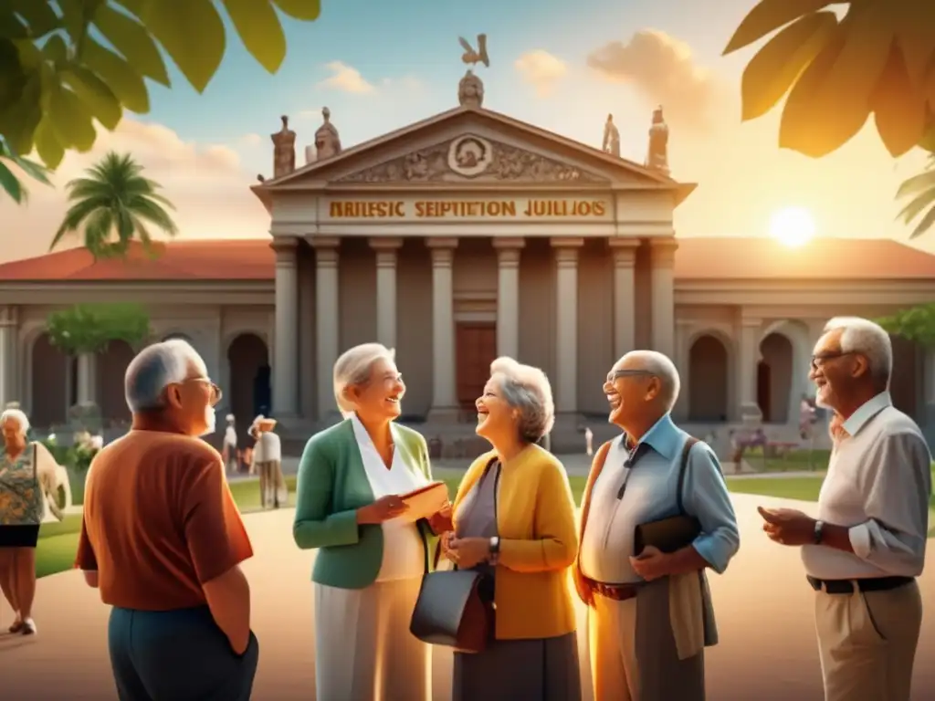 Retirees enjoying museum visit and camaraderie Jubilados disfrutando de viajes culturales y sociales en un majestuoso museo