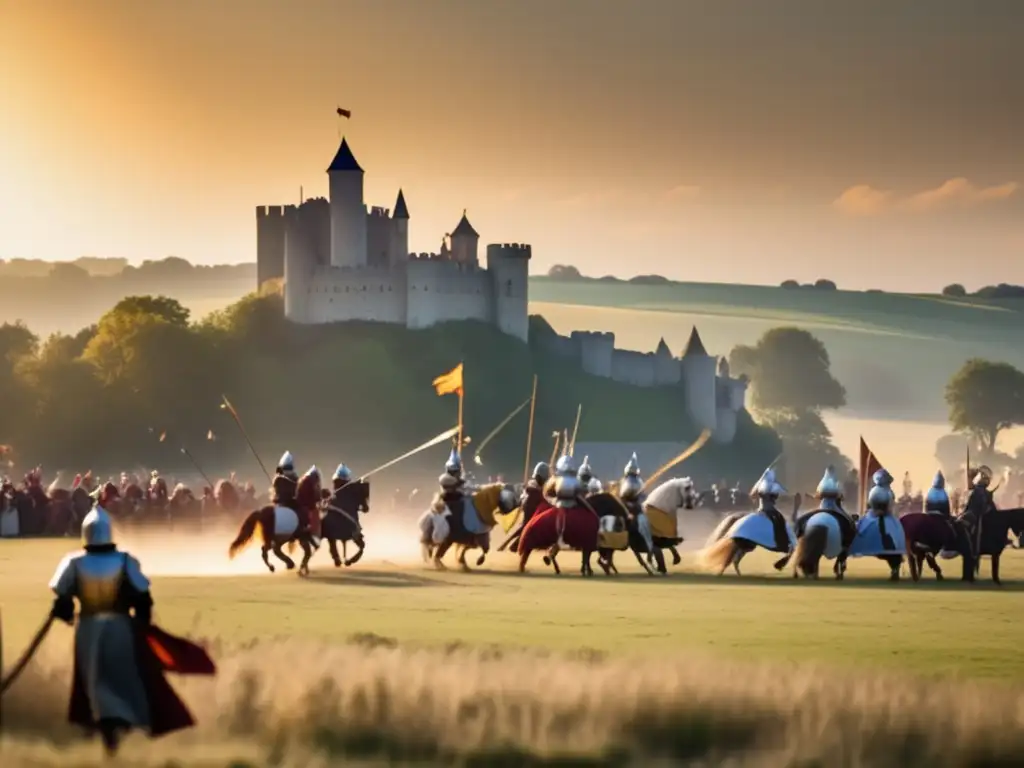Torneo medieval de justas Juego de jinetes medievales en campo abierto con castillo