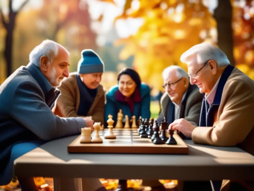 Partida de ajedrez en el parque Juegos mentales para jubilados en un parque, jugando ajedrez entre hojas otoñales y ambiente nostálgico