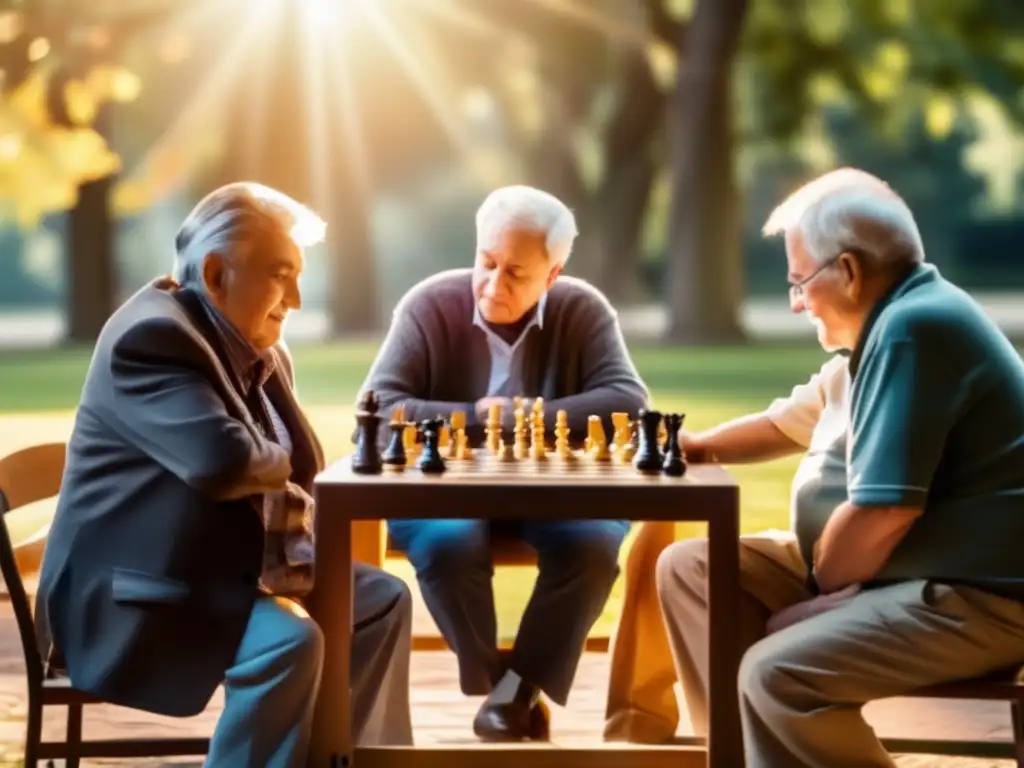 Juego de ajedrez entre seniors en el parque Juegos mentales para jubilados: partida de ajedrez entre seniors en un parque