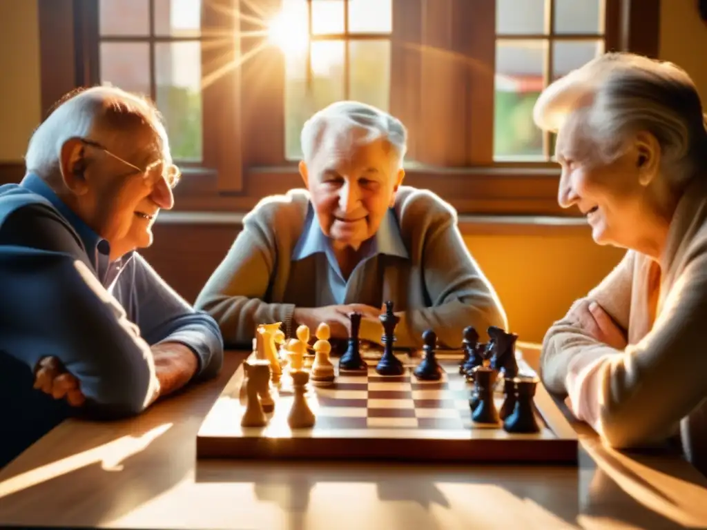 Juego de ajedrez entre seniors Juegos mentales para jubilados: Partida de ajedrez animada y social, con luz dorada, concentración y competencia amigable