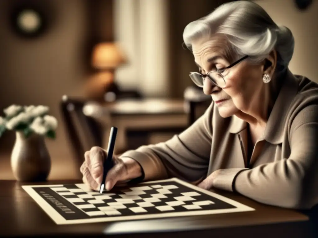 Persona mayor concentrada en rompecabezas Juegos mentales para jubilados: persona mayor resolviendo crucigrama sepia