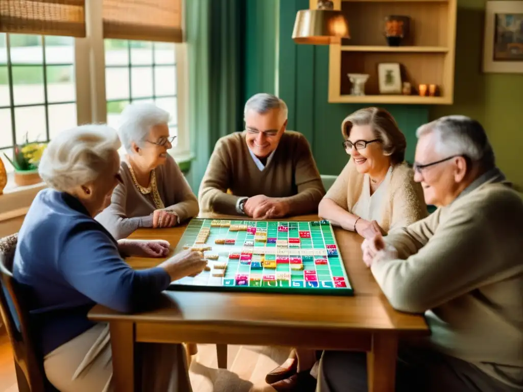 Juego de Scrabble entre personas mayores Juegos mentales para jubilados disfrutando de Scrabble y una atmósfera acogedora
