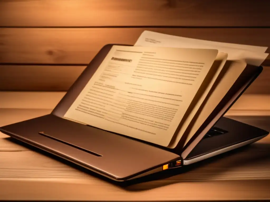 Laptop y documentos de retiro en escritorio de madera Laptop moderno sobre escritorio de madera con documentos desgastados, simbolizando almacenamiento seguro en la nube para jubilación